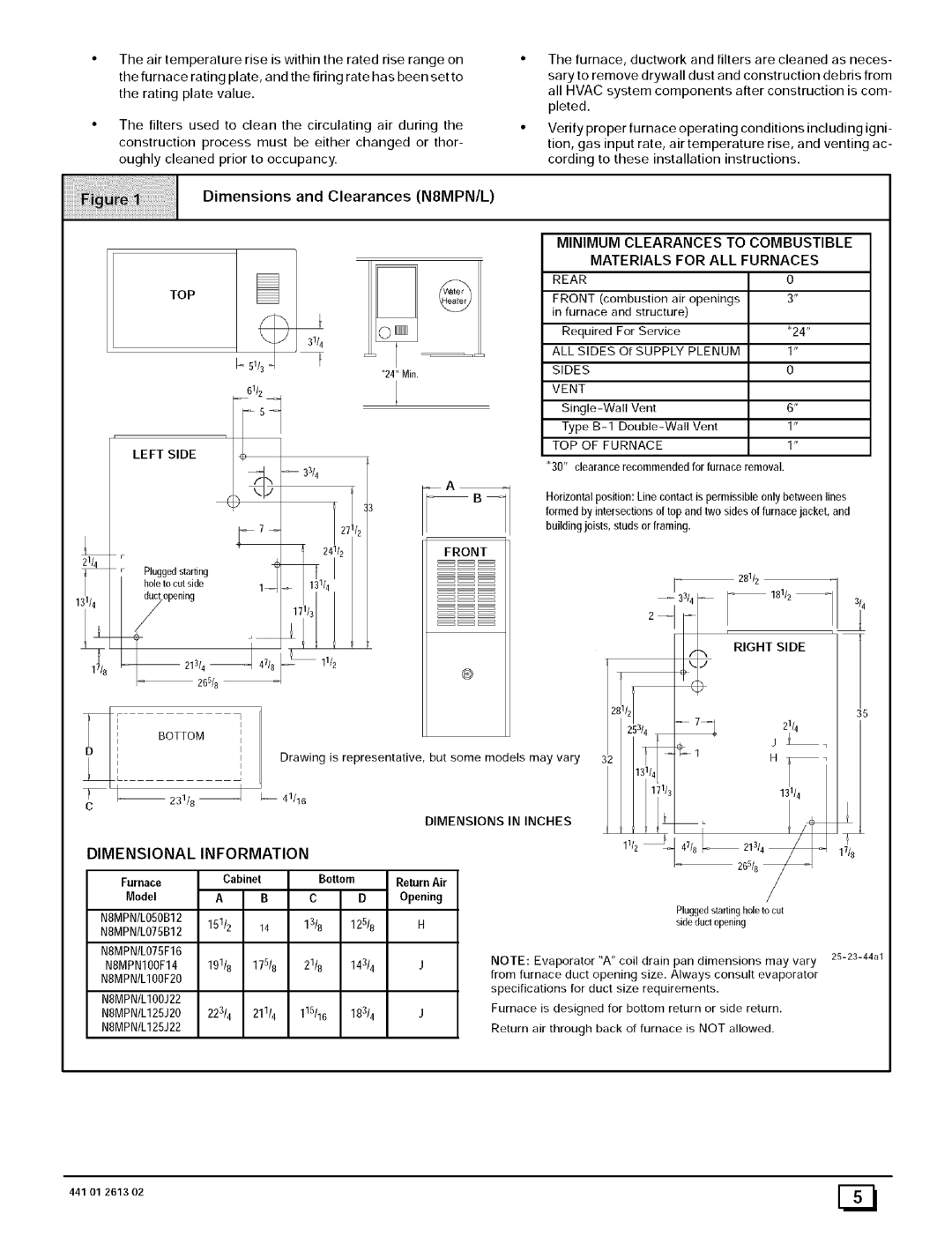 Sears N8MPL075F16B1, N8MPN075F16B1 Dimensions and Clearances N8MPN/L, Dimensional Information, Furnace, ReturnAir, Model 