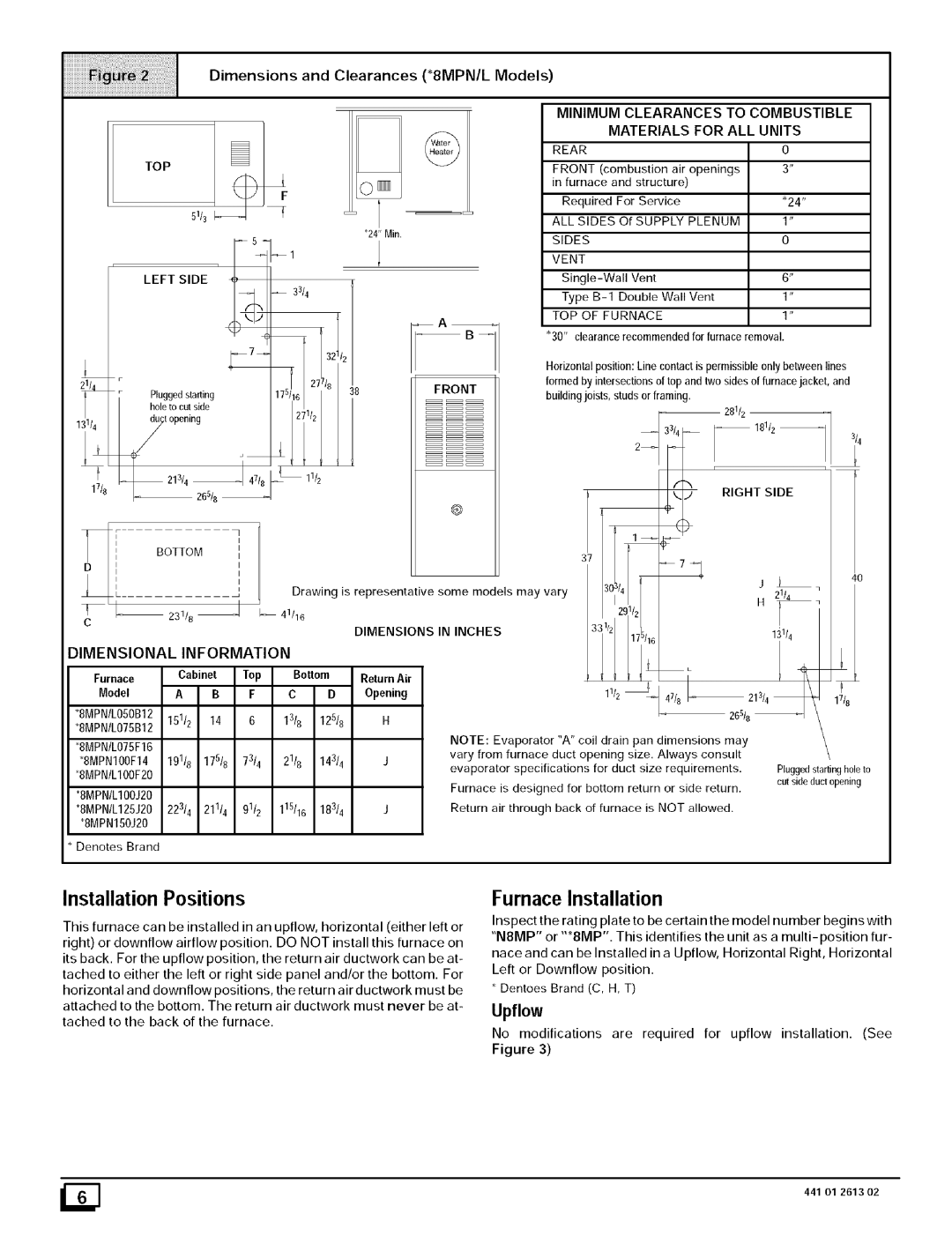 Sears N8MPN100F14B1 41I, Installation Positions, Furnace Installation, Dimensions and Clearances *8MPN/L Models 