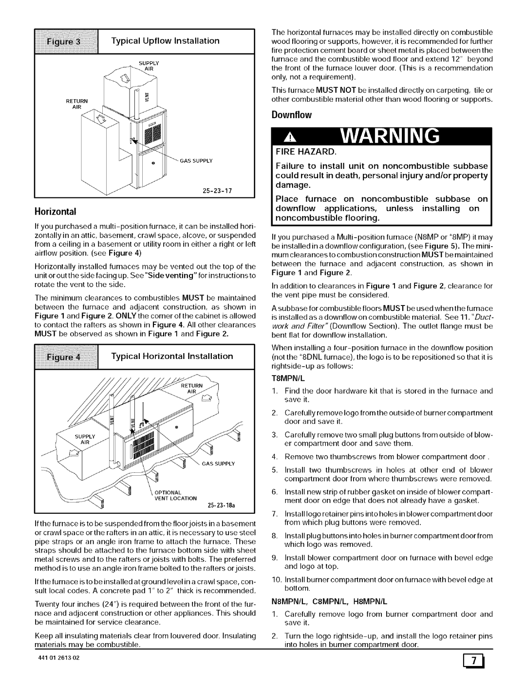 Sears N8MPL100J22B1, N8MPN075F16B1, N8MPL100F20B1 Typical Horizontal Installation, Downflow, Fire Hazard, Must not 