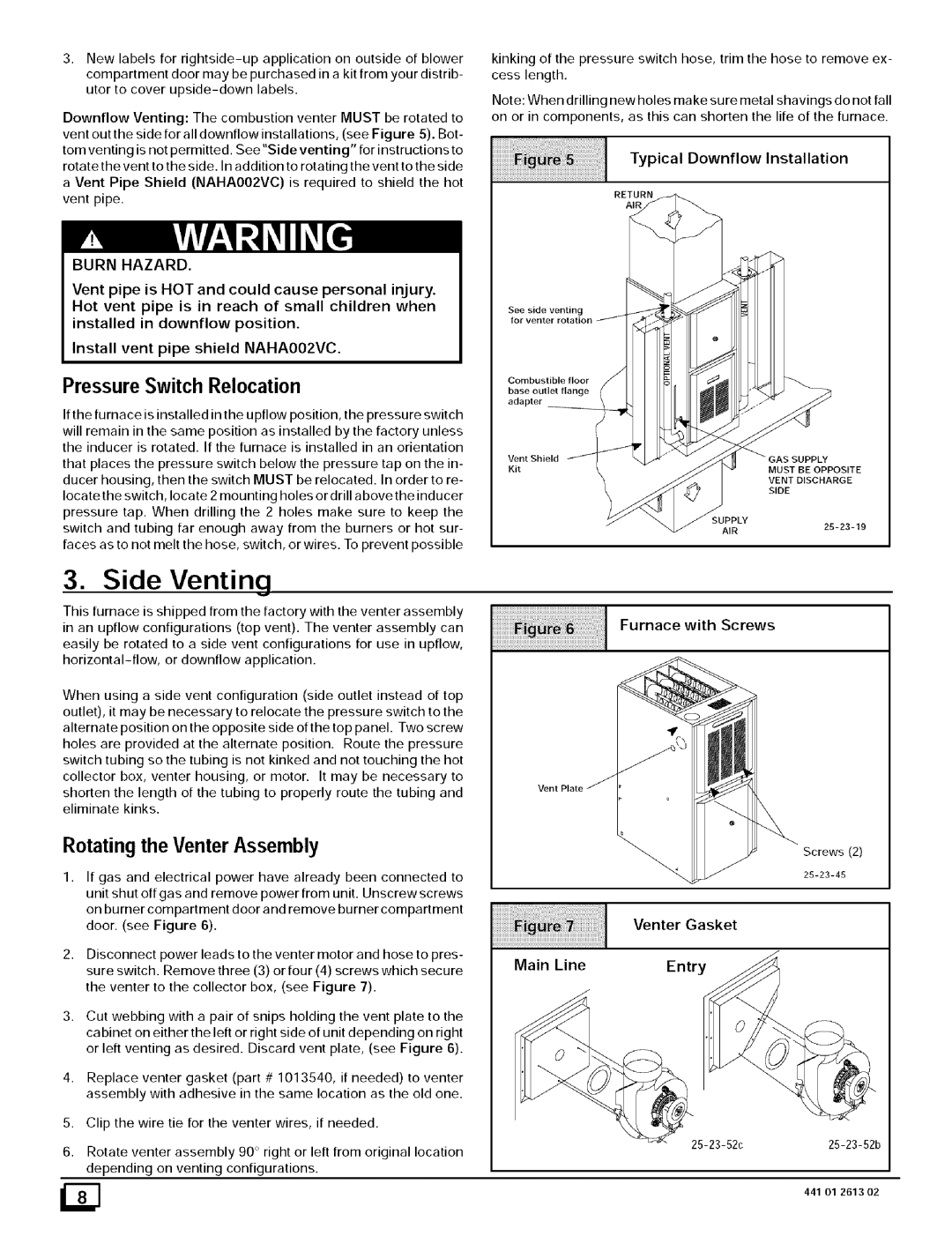 Sears N8MPN075B12B1, N8MPN075F16B1 Side Venting, Pressure Switch Relocation, Rotating the Venter Assembly, Burn Hazard 