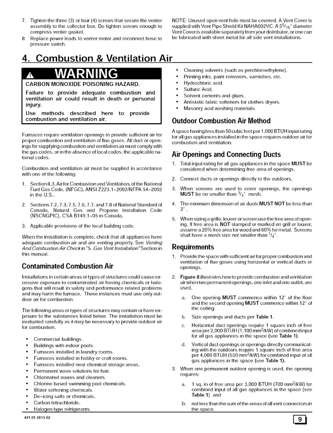 Sears N8MPL125J22B1 Combustion & Ventilation Air, Air Openings and Connecting Ducts, Outdoor Combustion Air Method 