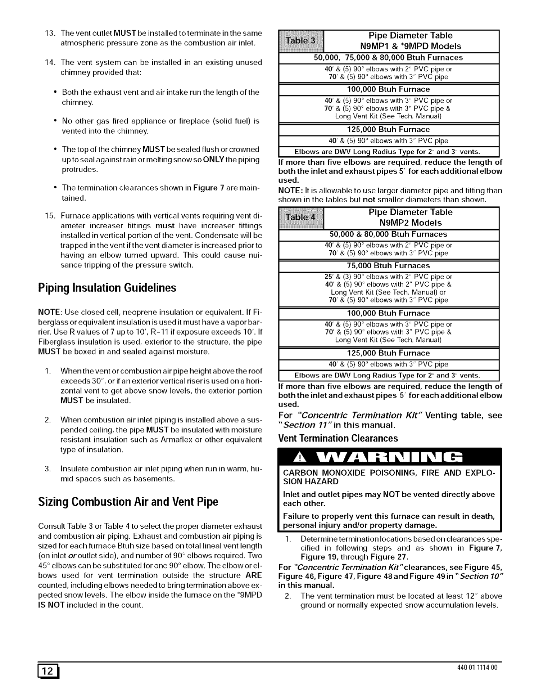 Sears N9MP1, 9MPD Piping Insulation Guidelines, Sizing Combustion Air and Vent Pipe, Pipe Diameter Table N9MP2 Models 