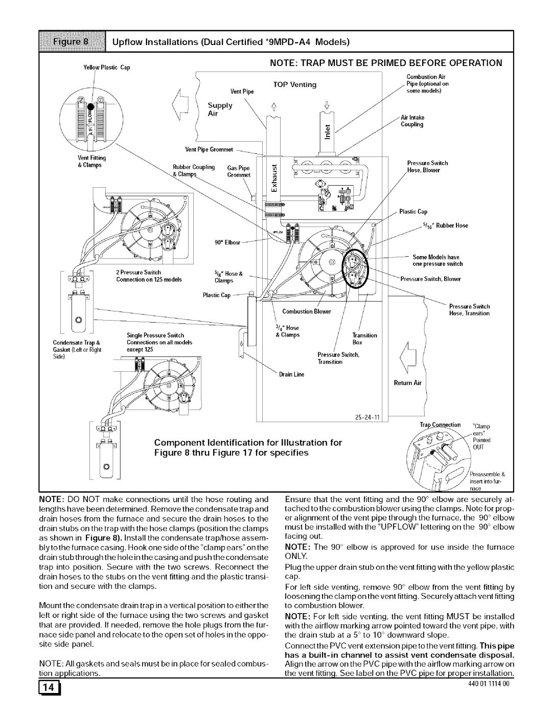 Sears N9MP2, N9MP1 manual Upflow Installations Dual Certified *9MPD-A4 Models, YellowPlasticCap, DrainLine, Transition 