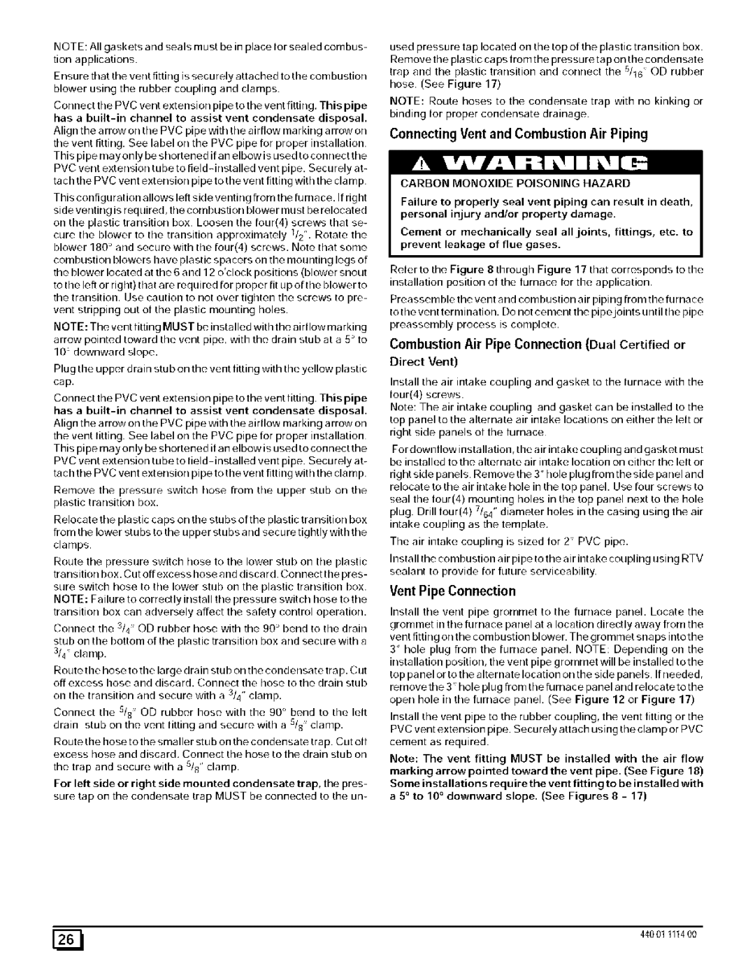 Sears 9MPD, N9MP2 Connecting Vent and Combustion Air Piping, Combustion Air Pipe Connection Dual Certified or, Pvc, Must 