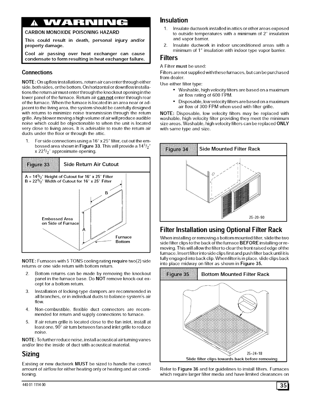 Sears 9MPD, N9MP2, N9MP1 manual Sizing, Insulation, Filters, Filter Installation using Optional Filter Rack 