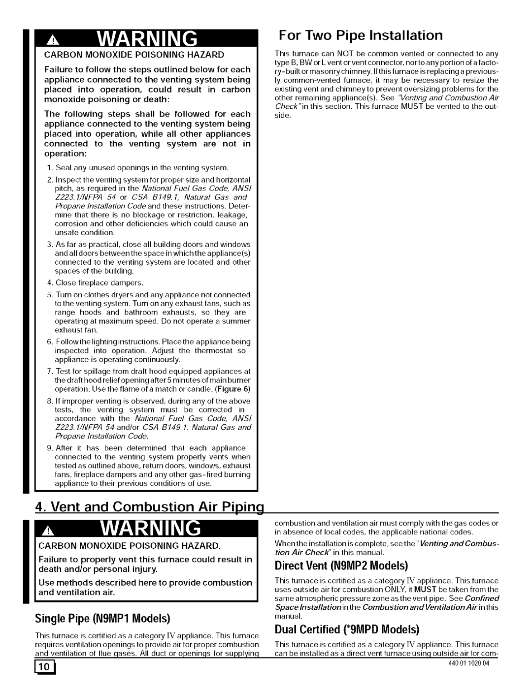 Sears 9MPD080J16B1, N9MP2050B12B1 manual For Two Pipe Installation, Vent and Combustion Air Piping, Single Pipe N9MP1 Models 