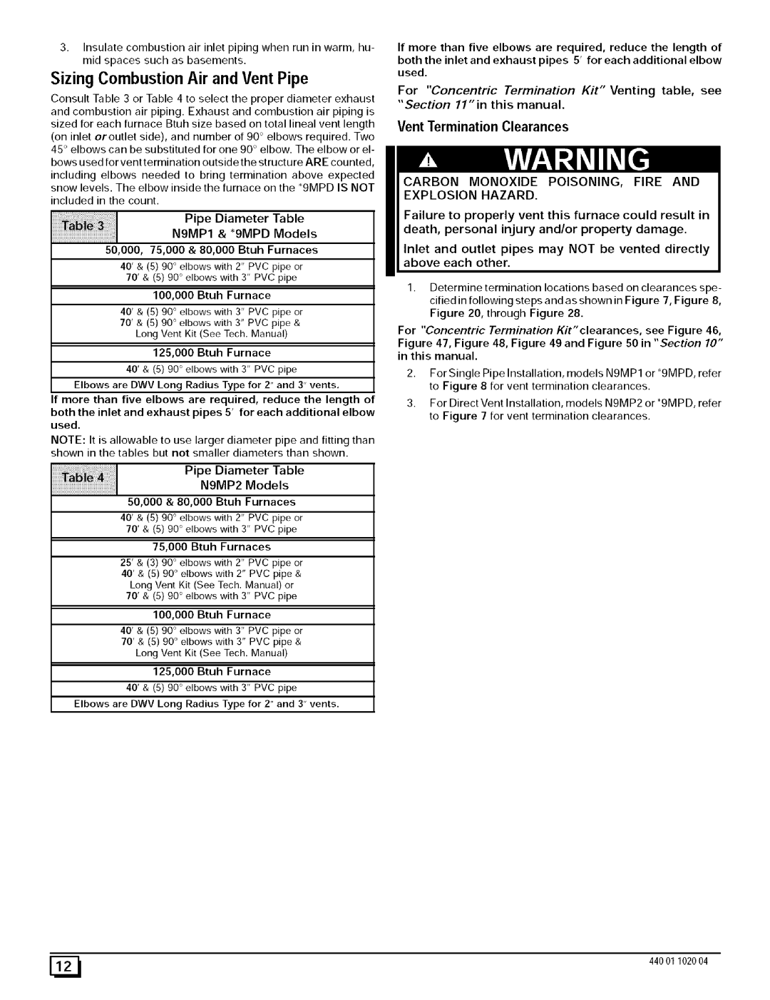 Sears N9MP1050B12B1, N9MP2050B12B1 Sizing Combustion Air and Vent Pipe, N9MP1 & *9MPD Models, Vent Termination Clearances 