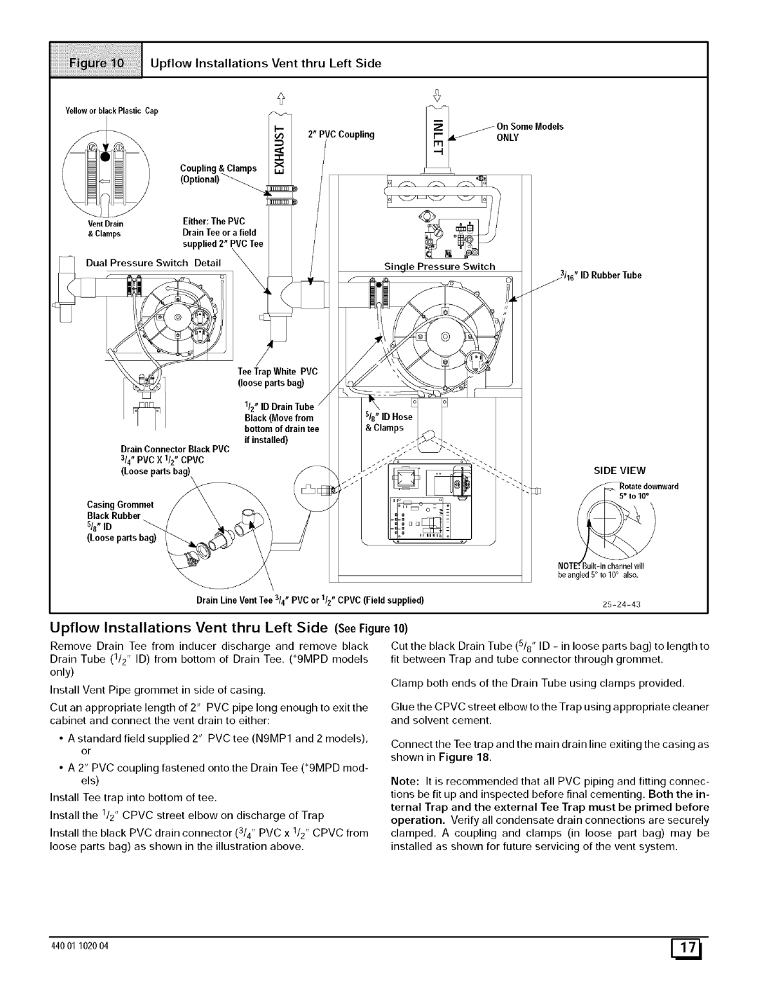 Sears N9MP1080F16B1 UpflowInstallationsVentthru LeftSide, Upflow Installations Vent thru Left Side See Figure, Switch 