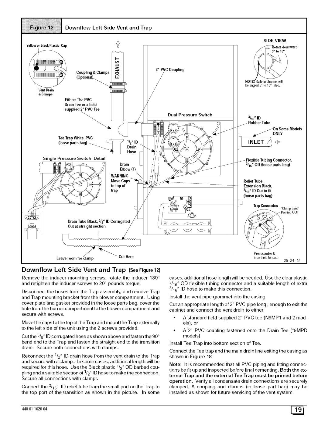 Sears N9MP2080F16B1, N9MP2050B12B1, N9MP2075B12B1, N9MP2100F14B1 manual Inlet 4=, Downflow Left Side Vent and Trap SeeFigure 