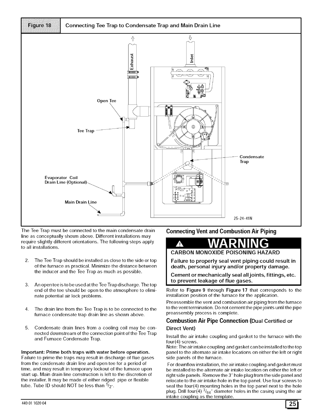 Sears 9MPD100J14B1 Connecting Tee Trap to Condensate Trap and Main Drain Line, Connecting Vent and Combustion Air Piping 