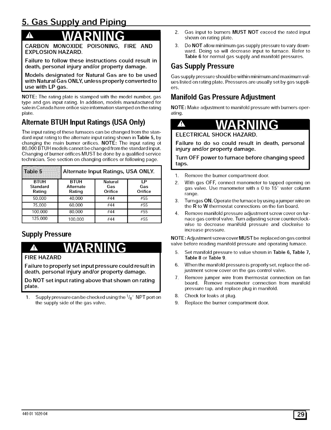 Sears N9MP1100F14B1 manual Gas Supply Pressure, Manifold Gas Pressure Adjustment, IAIternate Input Ratings, USA only 