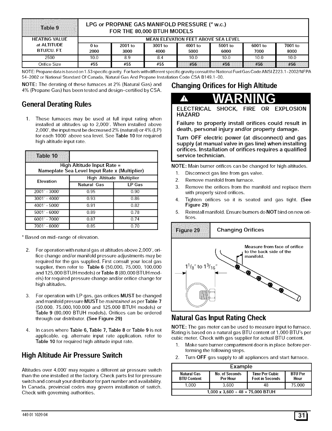 Sears N9MP1125J20B1 General Derating Rules, High Altitude Air Pressure Switch, Electrical SHOCK, Fire or Explosion Hazard 