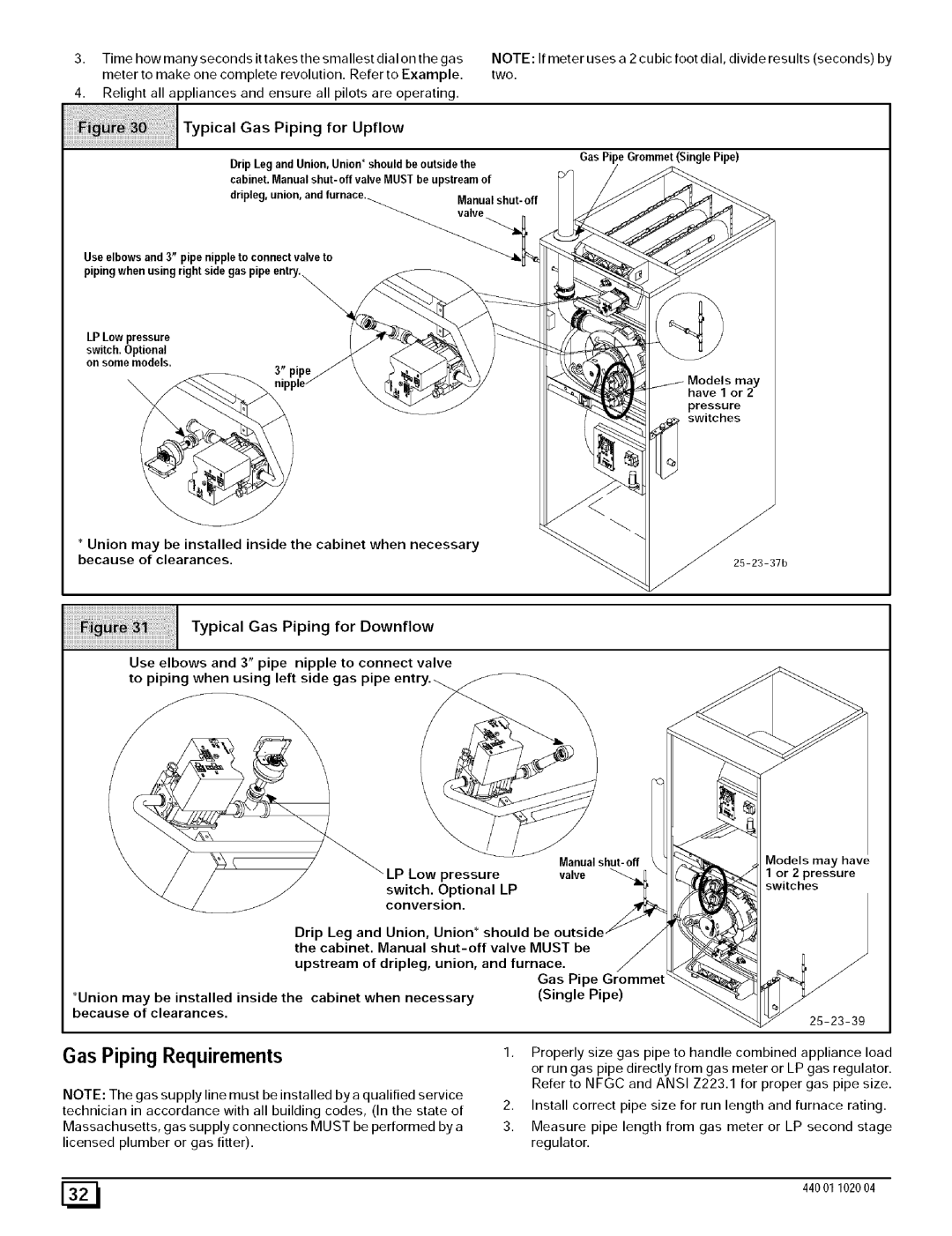 Sears N9MP1100J20B1, N9MP2050B12B1, N9MP2080F16B1 Gas Piping Requirements, Manual shut- off, Low Pressure, Valve, 25-23-39 