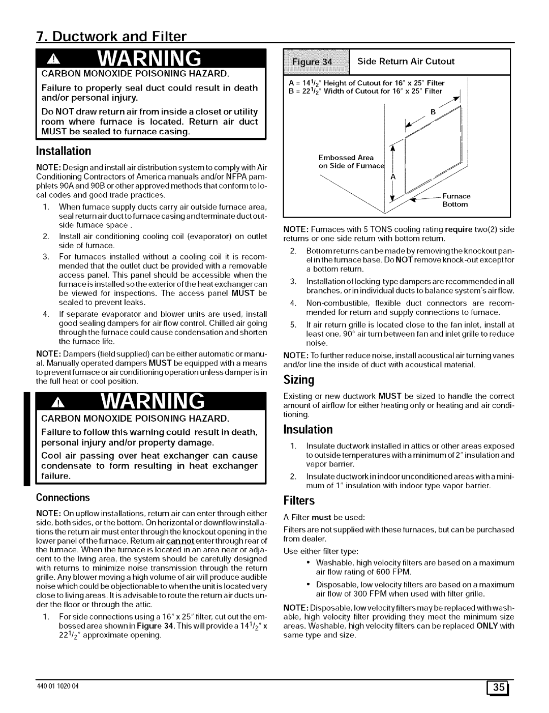 Sears N9MP1080F16B1, N9MP2050B12B1, N9MP2080F16B1 manual Ductwork and Filter, Sizing, Installation, Insulation, Filters 