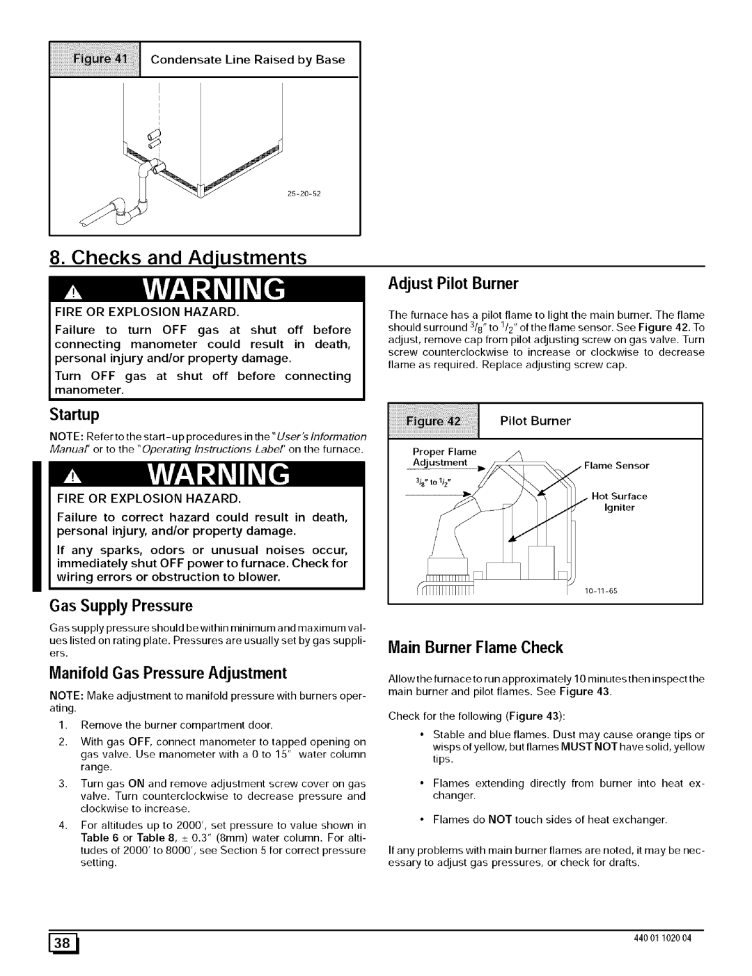 Sears N9MP2075B12B1 Checks and Adjustments, Gas SupplyPressure, Startup, Adjust Pilot Burner, Main Burner Flame Check 