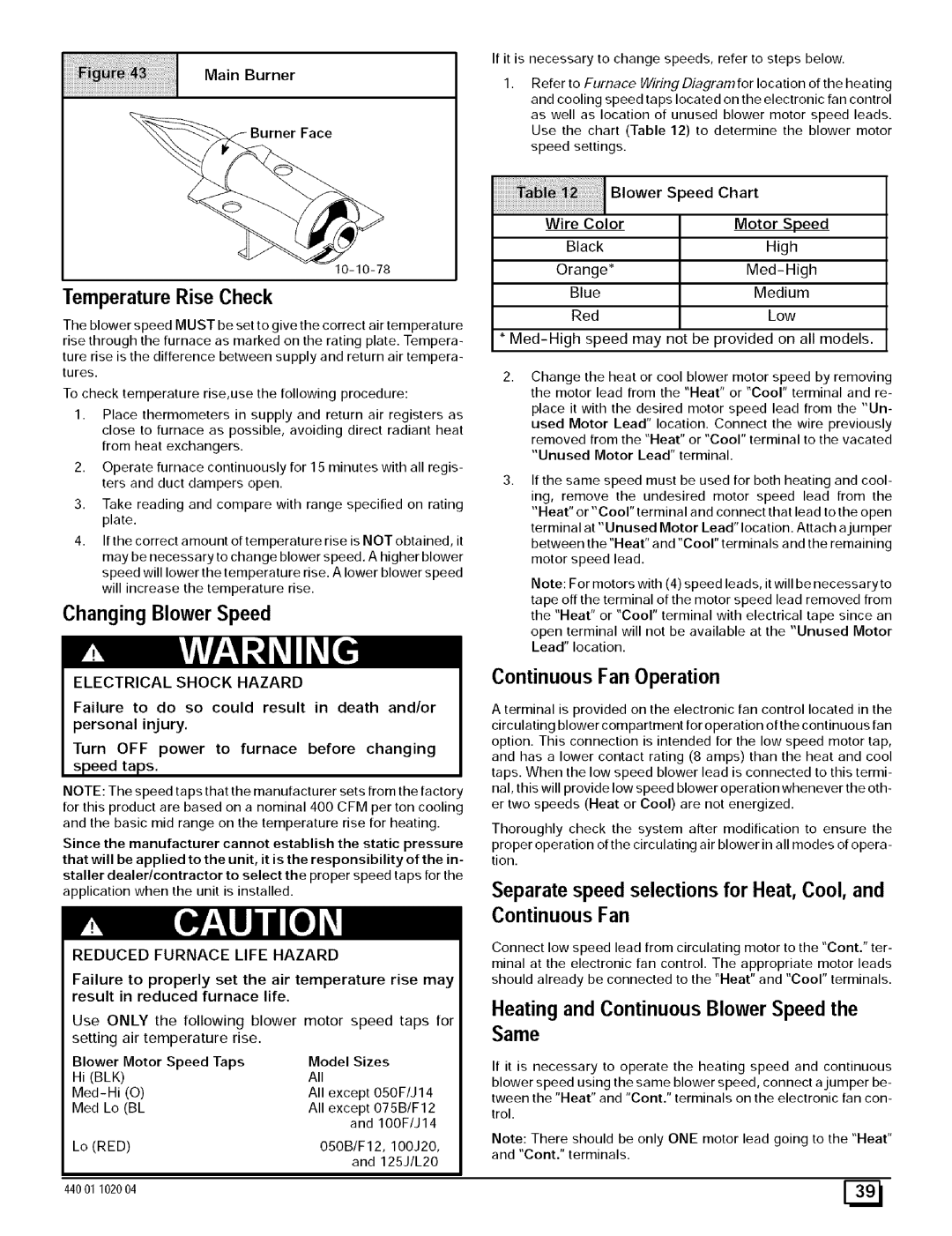 Sears N9MP2100F14B1, N9MP2050B12B1 Heating and Continuous BlowerSpeed Same, Temperature Rise Check, Changing Blower Speed 