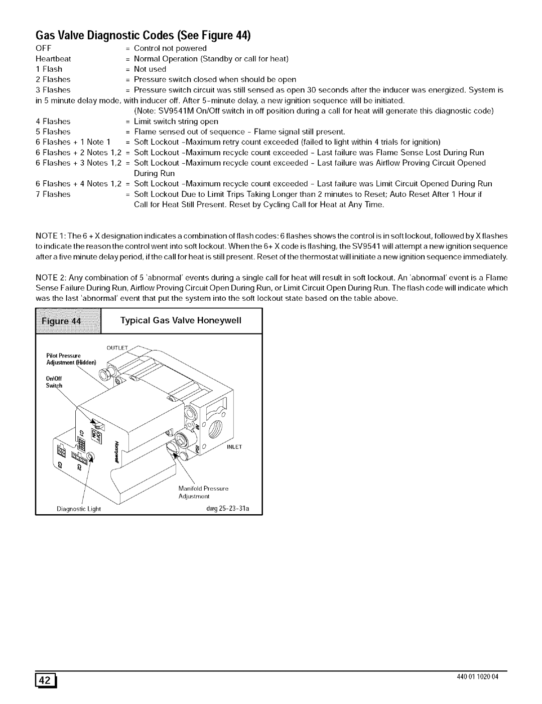 Sears N9MP1075B12B1, N9MP2050B12B1 manual Gas Valve Diagnostic Codes See Figure, Typical Gas Valve Honeywell, Off, Than 