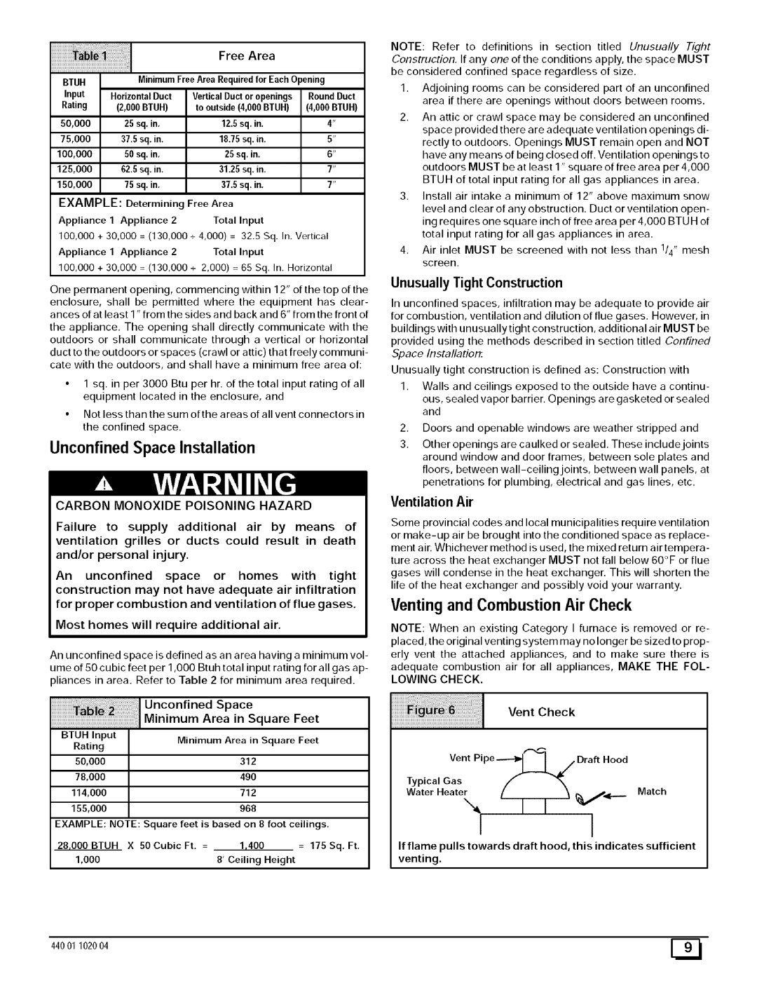 Sears 9MPD125L20B1, N9MP2050B12B1 Venting and Combustion Air Check, Example, Unusually Tight Construction, Ventilation Air 