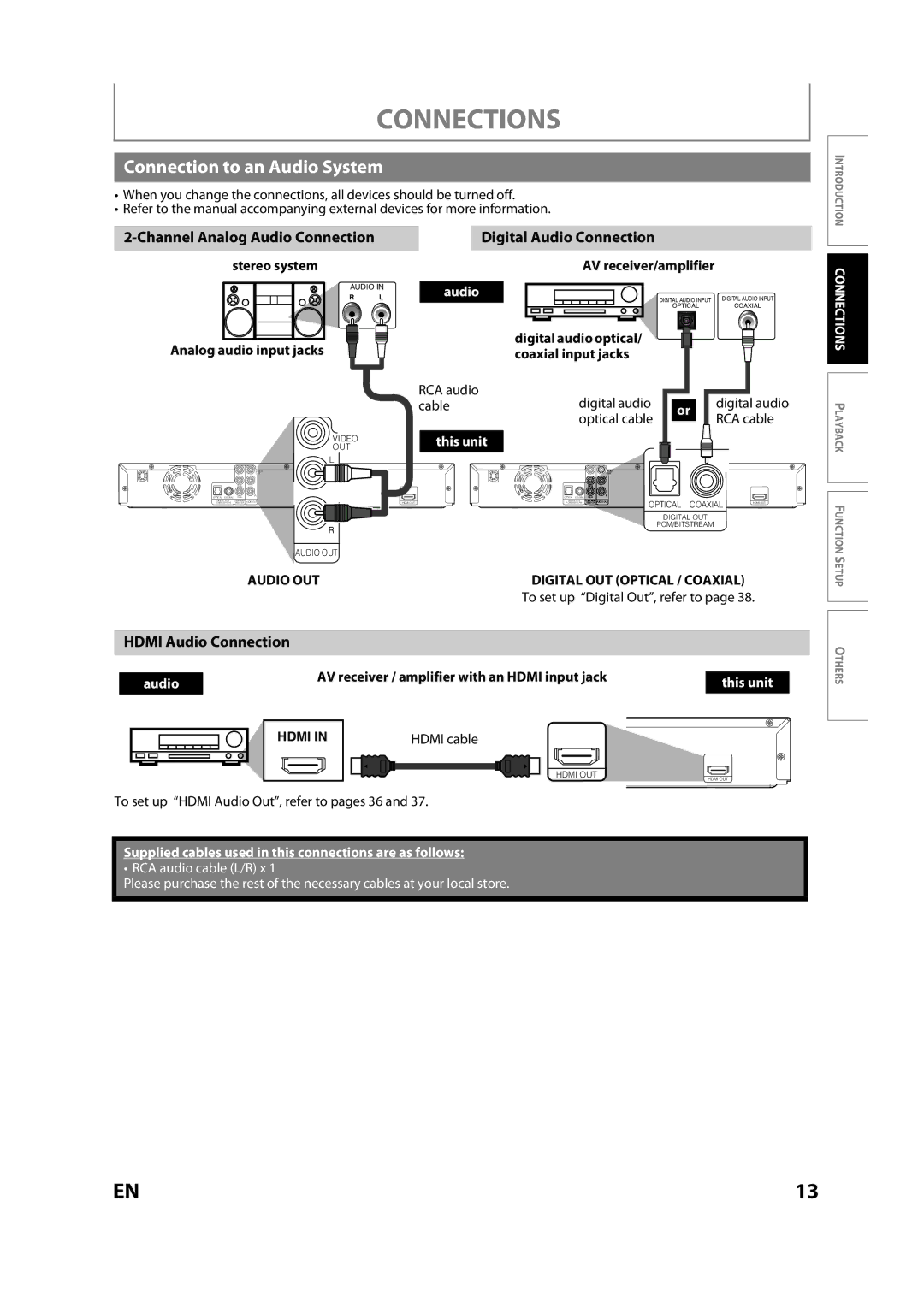 Sears NB530SLX owner manual Connection to an Audio System, Channel Analog Audio Connection Digital Audio Connection 