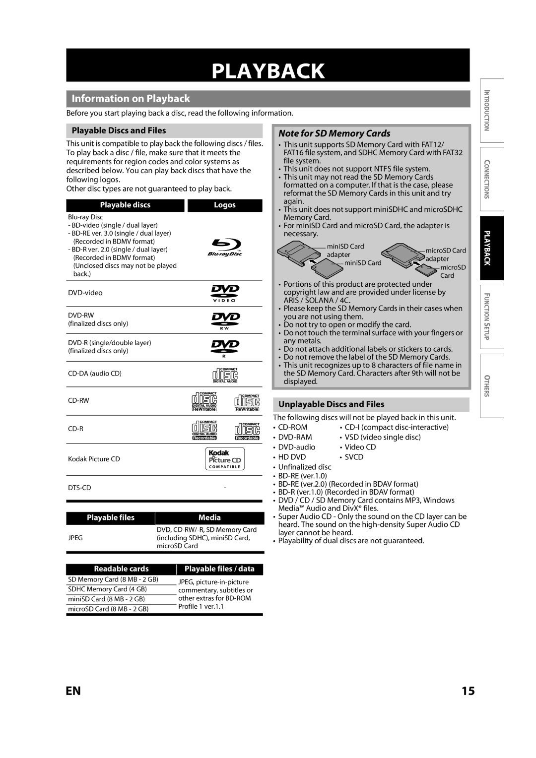 Sears NB530SLX owner manual Information on Playback, Playable Discs and Files, Unplayable Discs and Files 