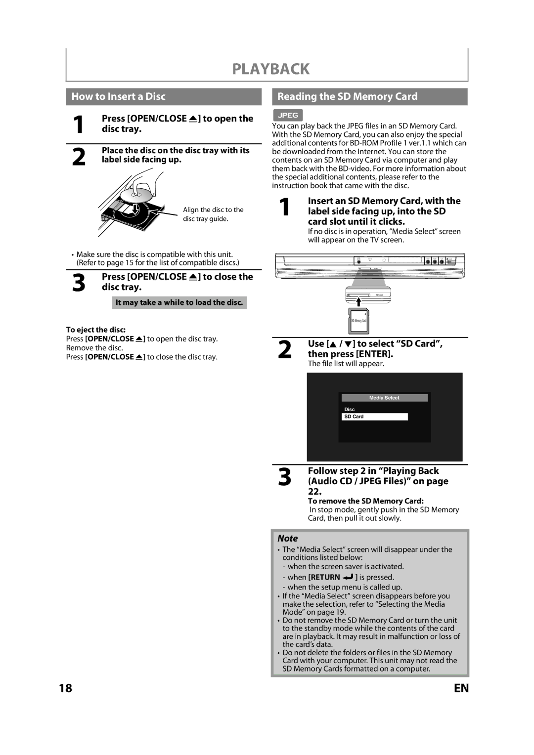 Sears NB530SLX owner manual How to Insert a Disc, Reading the SD Memory Card, Press OPEN/CLOSE a to open the disc tray 