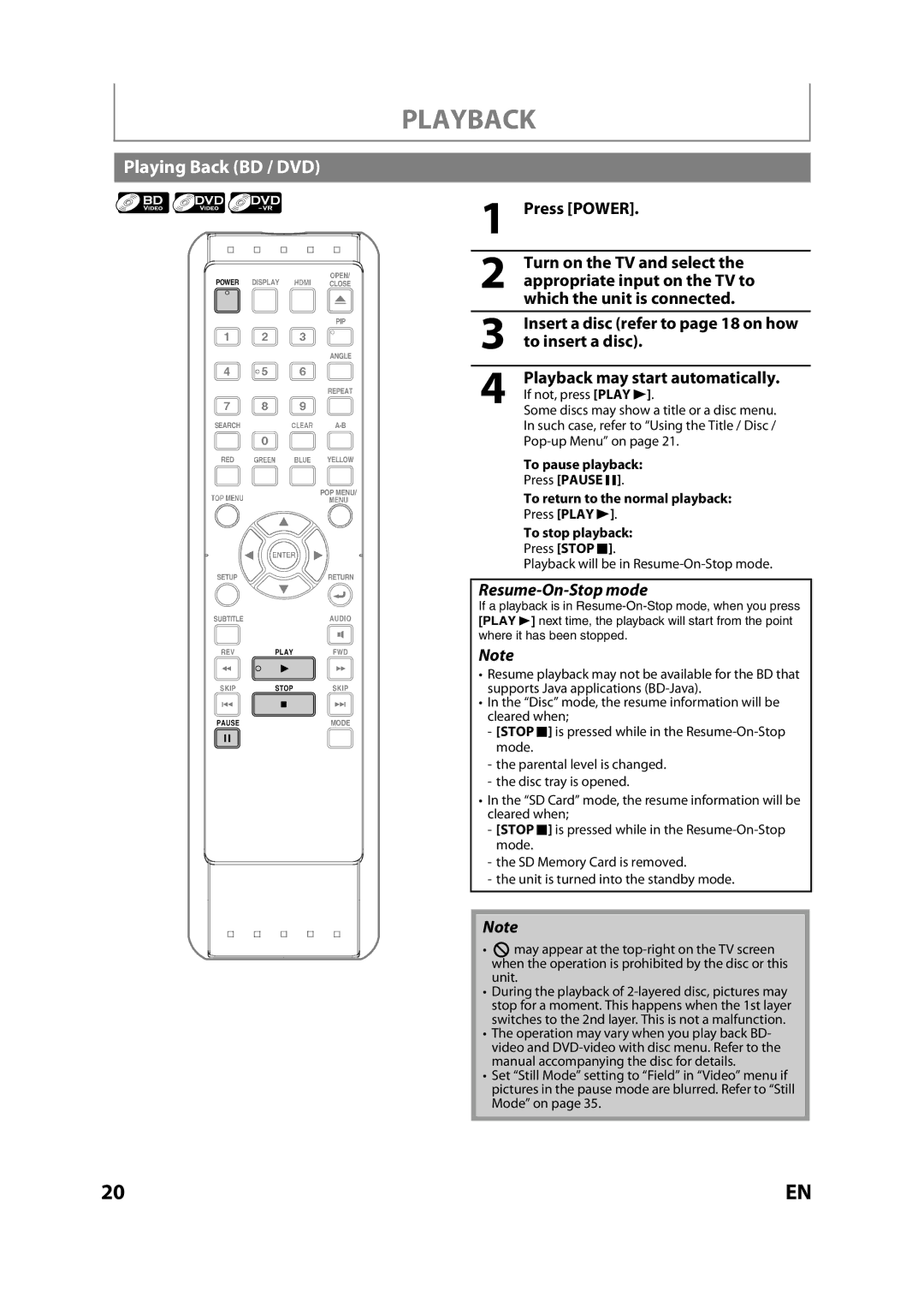 Sears NB530SLX owner manual Playing Back BD / DVD, Press Power, Insert a disc refer to page 18 on how to insert a disc 