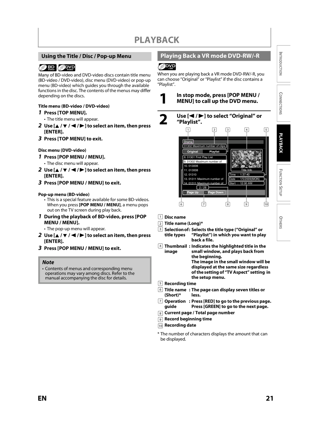 Sears NB530SLX owner manual Playing Back a VR mode DVD-RW/-R, Using the Title / Disc / Pop-up Menu 