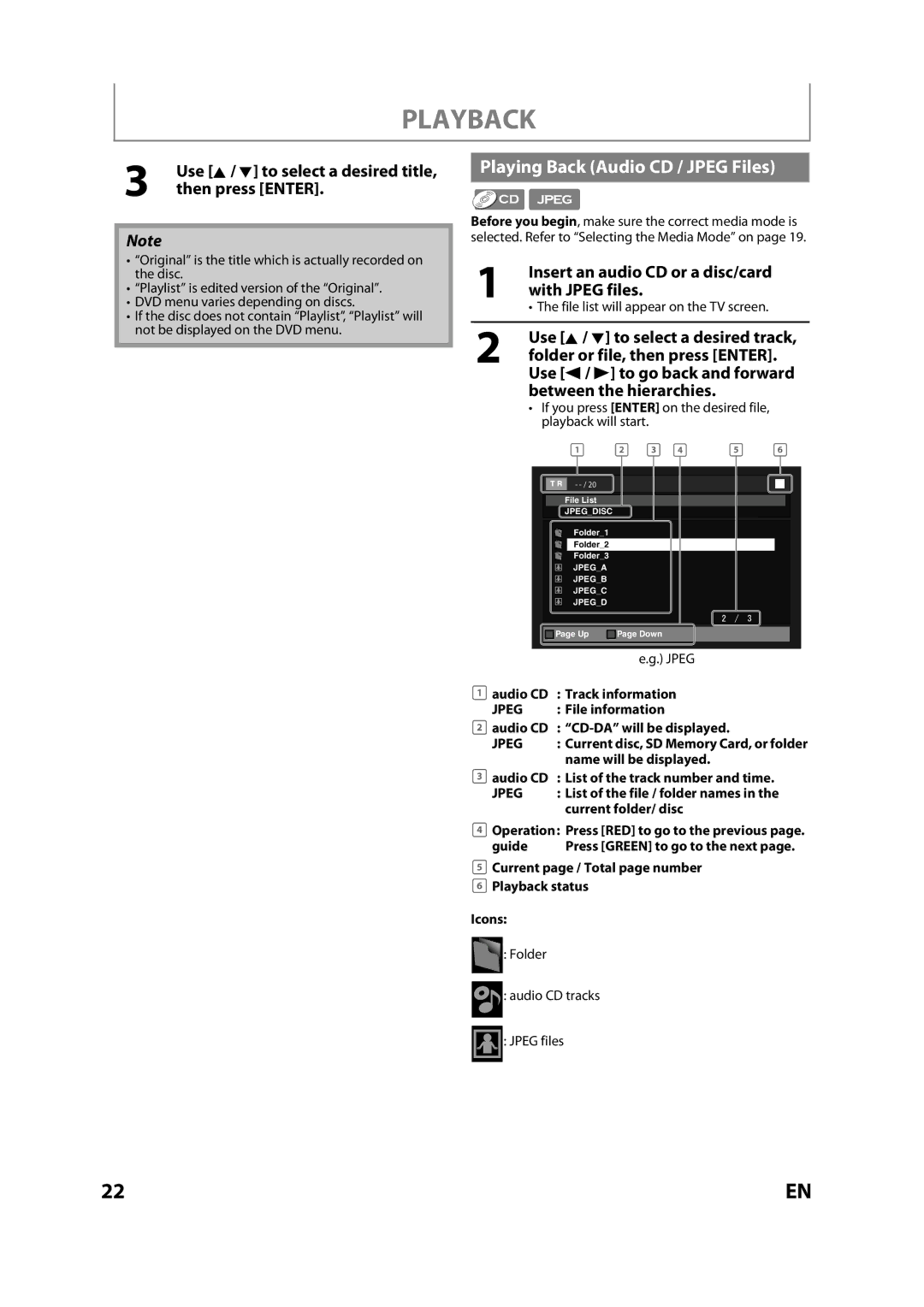 Sears NB530SLX owner manual Playing Back Audio CD / Jpeg Files, Use K / L to select a desired title, then press Enter 