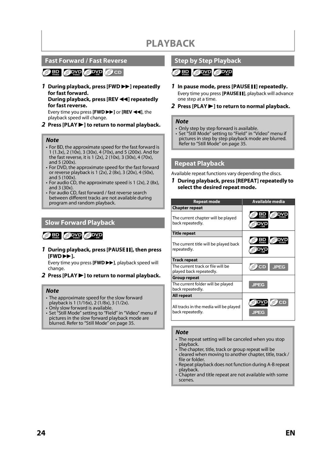 Sears NB530SLX owner manual Fast Forward / Fast Reverse, Slow Forward Playback, Step by Step Playback, Repeat Playback 