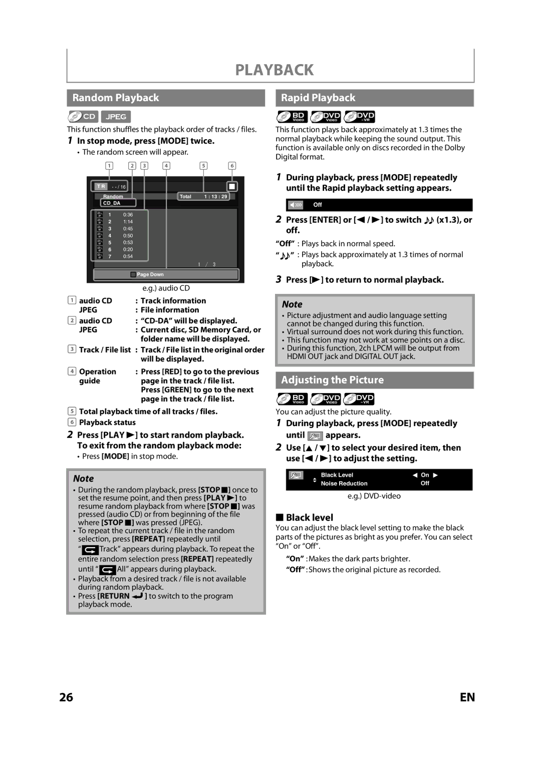 Sears NB530SLX owner manual Random Playback, Rapid Playback, Adjusting the Picture, Black level 