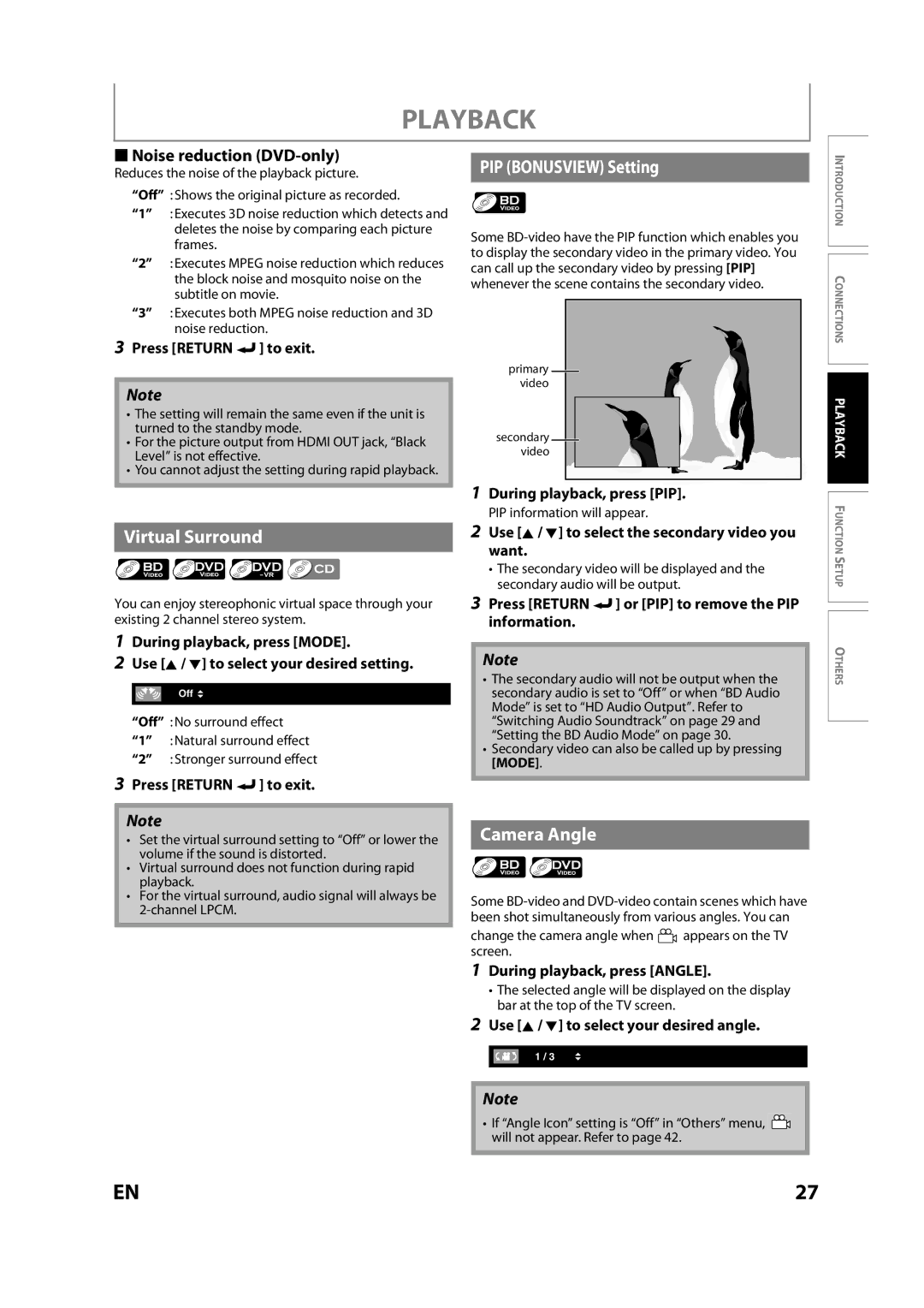 Sears NB530SLX owner manual Virtual Surround, PIP Bonusview Setting, Camera Angle, Noise reduction DVD-only 