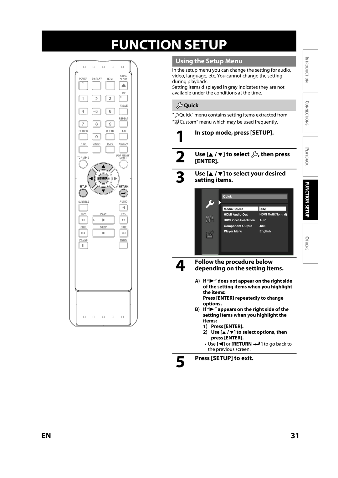 Sears NB530SLX owner manual Using the Setup Menu, Quick, Follow the procedure below depending on the setting items 