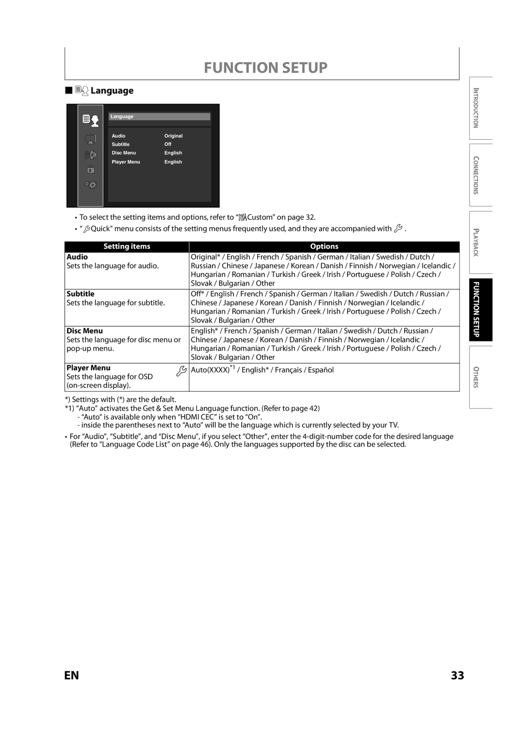 Sears NB530SLX owner manual Setting items Options, Audio, Subtitle, Disc Menu, Player Menu 