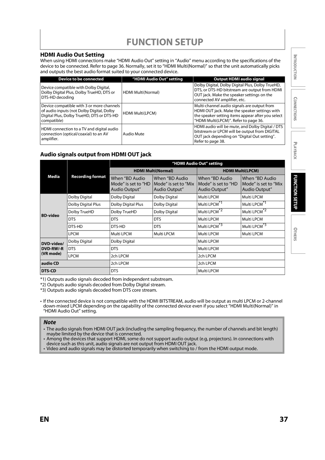 Sears NB530SLX owner manual Hdmi Audio Out Setting, Audio signals output from Hdmi OUT jack, When BD Audio 