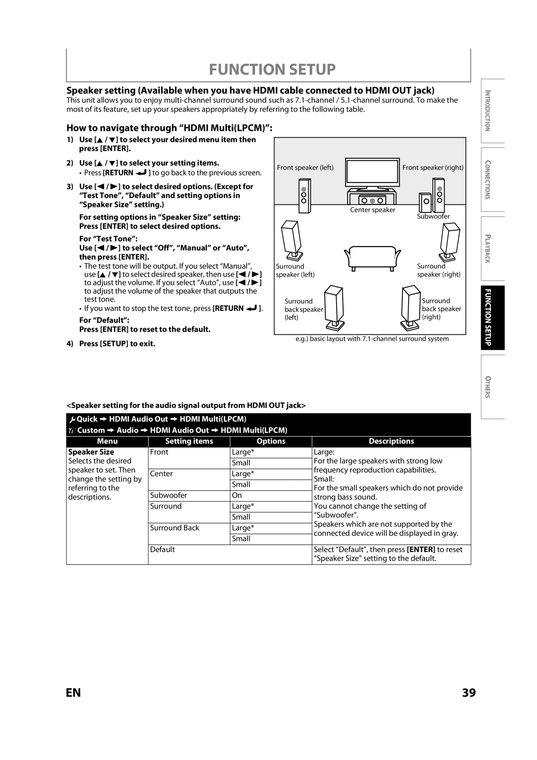 Sears NB530SLX owner manual How to navigate through Hdmi MultiLPCM, Speaker Size setting to the default 