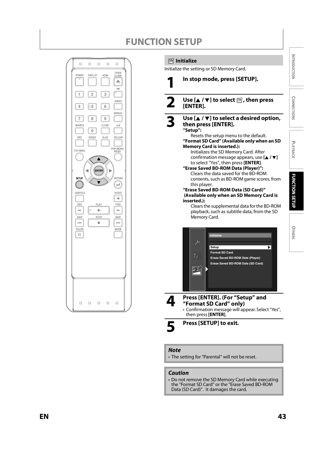 Sears NB530SLX owner manual Press ENTER. For Setup and Format SD Card only, Initialize, Erase Saved BD-ROM Data Player 