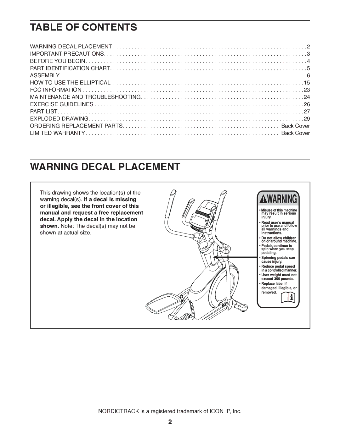 Sears NTEL05011.0 user manual Table of Contents 