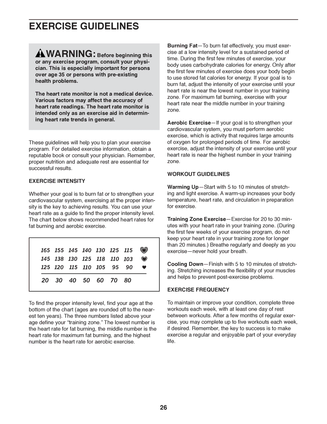 Sears NTEL05011.0 user manual Exercise Guidelines, Exercise Intensity, Workout Guidelines, Exercise Frequency 