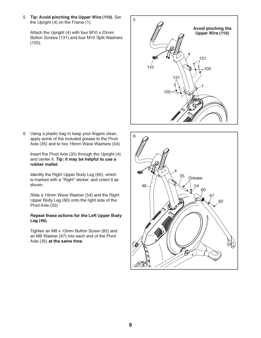 Sears NTEL05011.0 user manual Repeat these actions for the Left Upper Body Leg, Avoid pinching Upper Wire 