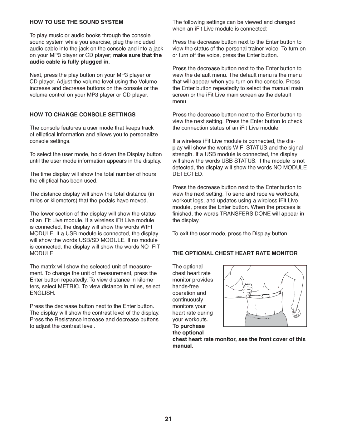 Sears NTEL08911.0 HOW to USE the Sound System, HOW to Change Console Settings, Optional Chest Heart Rate Monitor 