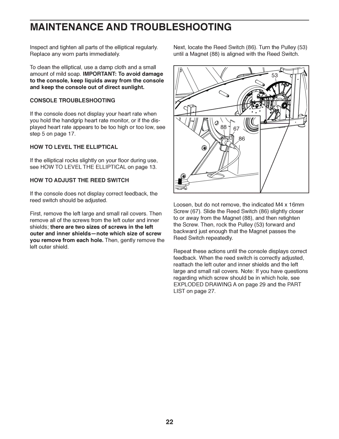 Sears NTEL08911.0 user manual Maintenance and Troubleshooting, Console Troubleshooting, HOW to Adjust the Reed Switch 