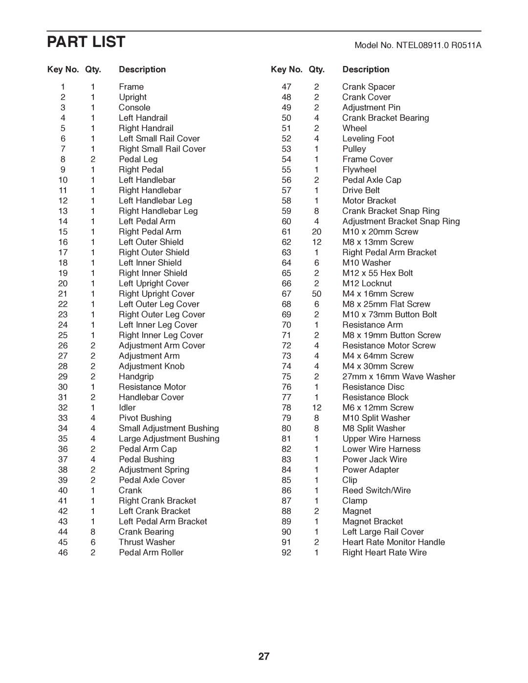 Sears NTEL08911.0 user manual Part List, Description Qty 