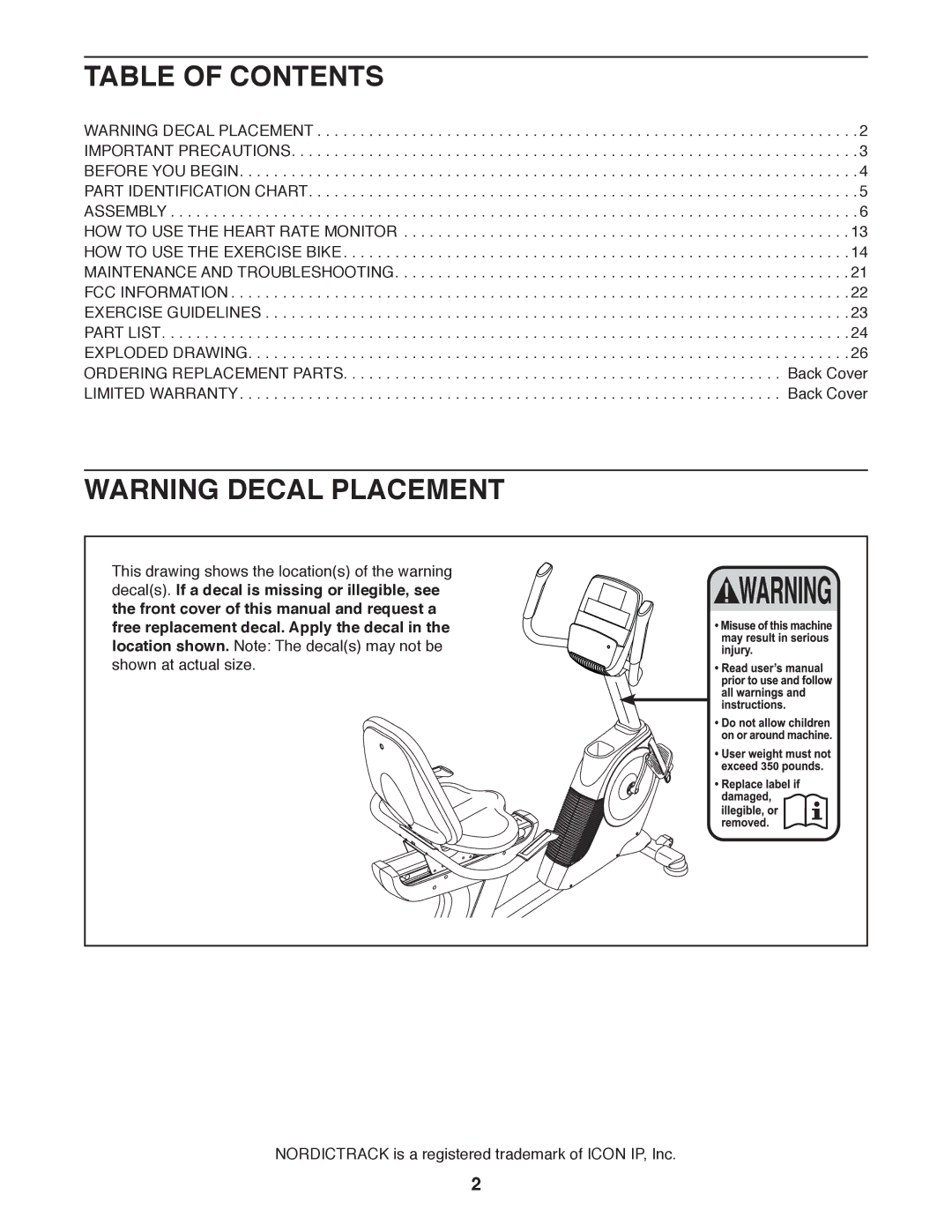 Sears NTEX04911.0 user manual Table of Contents 