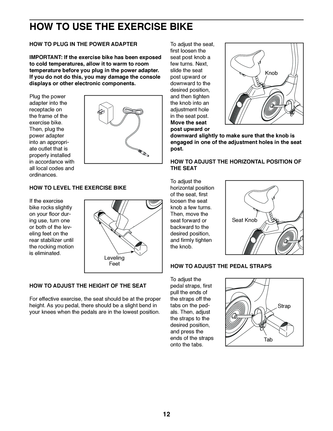 Sears NTEX23012.0 HOW to USE the Exercise Bike, HOW to Plug in the Power Adapter, HOW to Level the Exercise Bike 