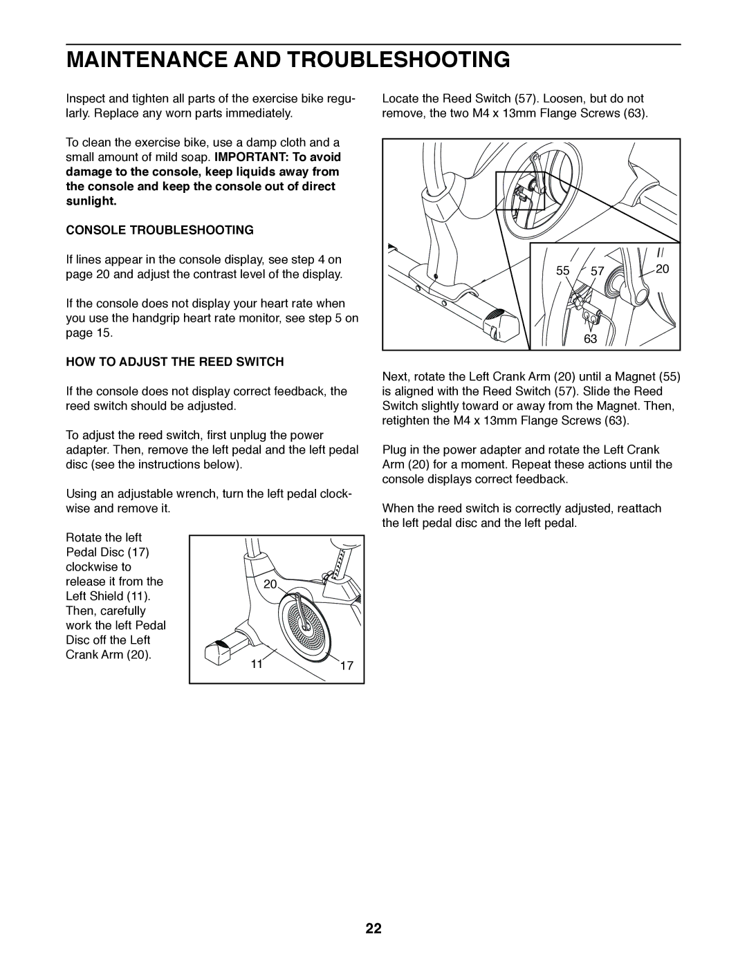 Sears NTEX23012.0 user manual Maintenance and Troubleshooting, Console Troubleshooting, HOW to Adjust the Reed Switch 