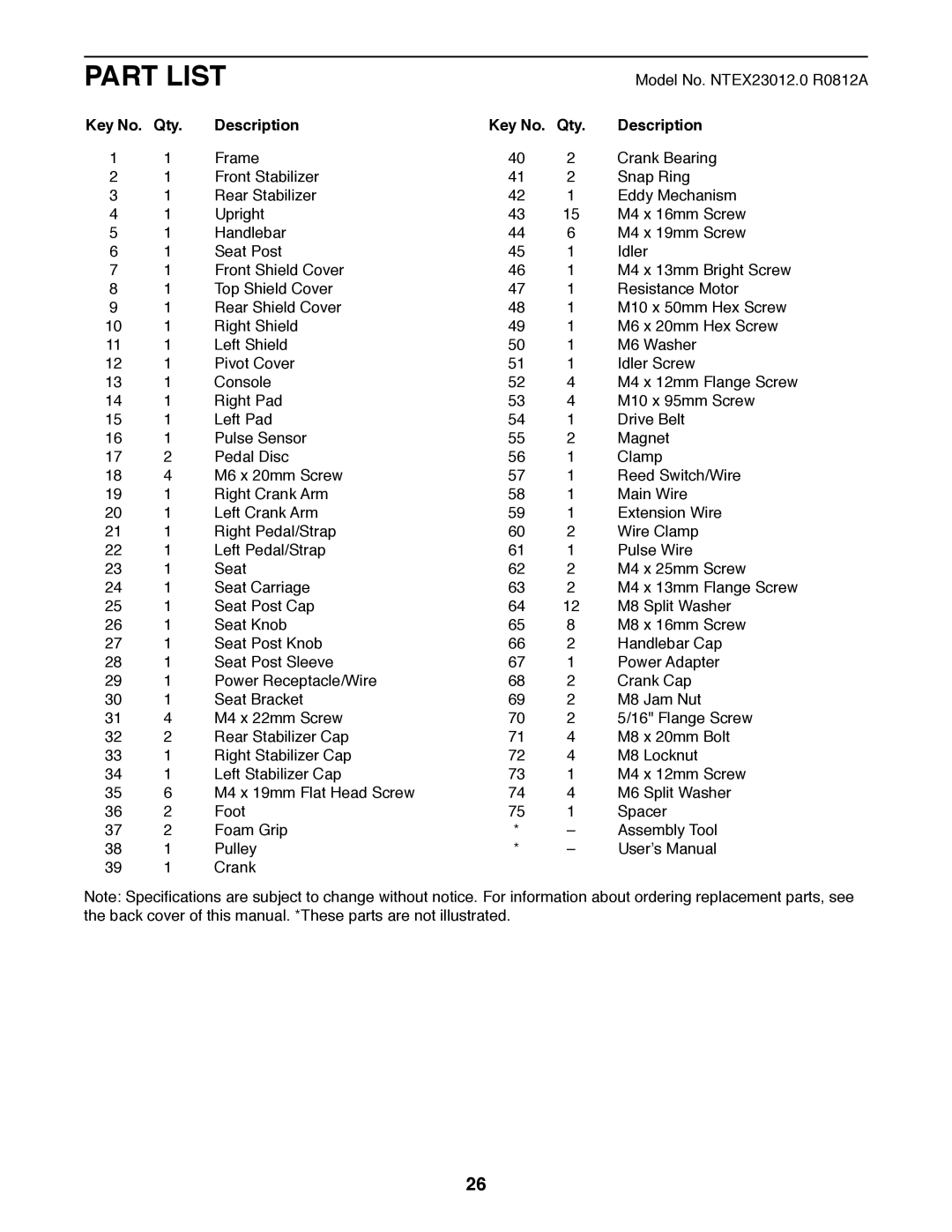 Sears NTEX23012.0 user manual Part List, Description Qty 