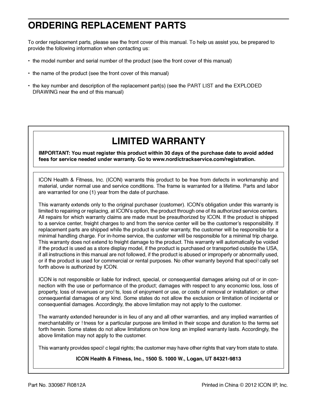 Sears NTEX23012.0 Ordering Replacement Parts, Limited Warranty, Icon Health & Fitness, Inc., 1500 S W., Logan, UT 