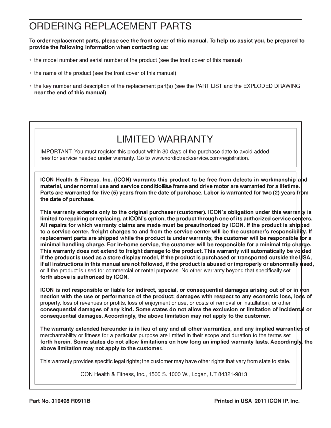 Sears NTL19010.0 Ordering Replacement Parts, Limited Warranty, Icon Health & Fitness, Inc., 1500 S W., Logan, UT 