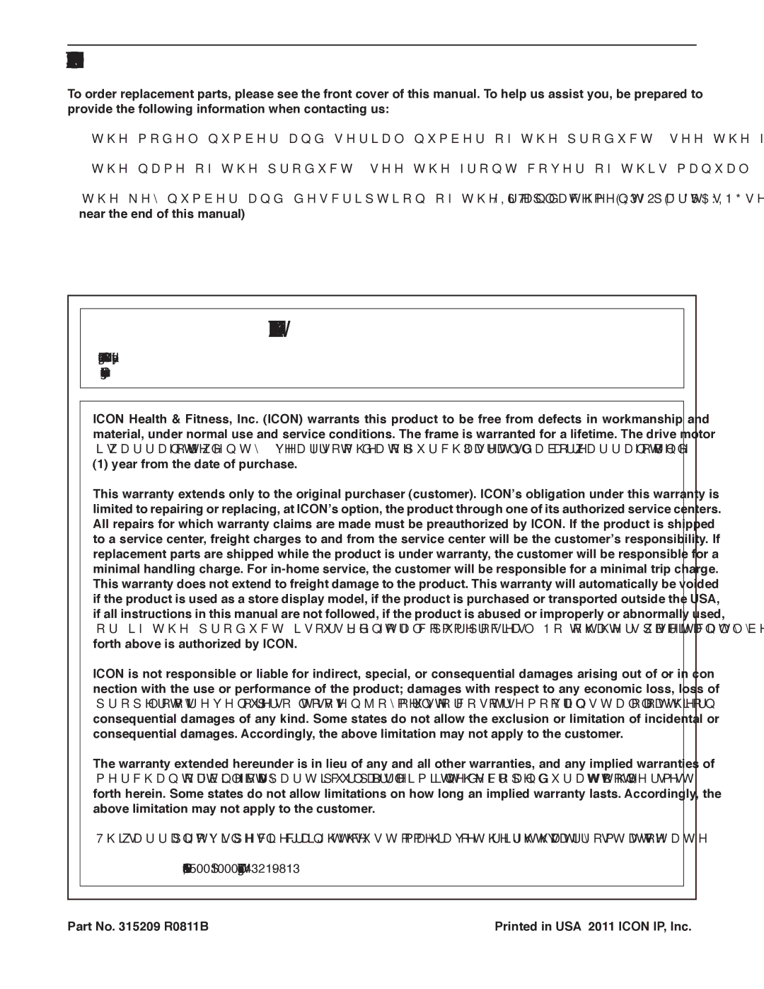 Sears NTL61011.1 Ordering Replacement Parts, Limited Warranty, Icon Health & Fitness, Inc., 1500 S W., Logan, UT 