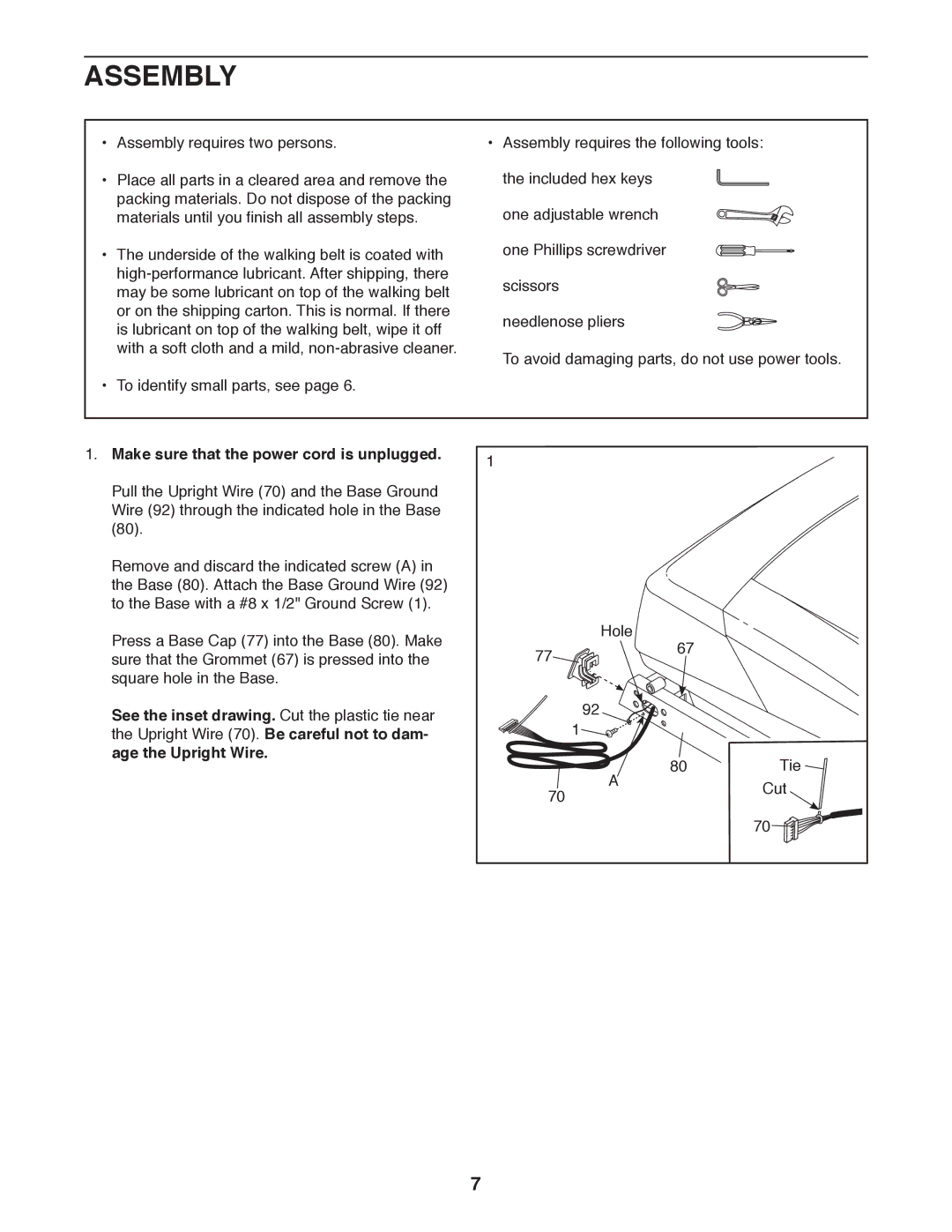 Sears NTL61011.1 user manual Assembly, Make sure that the power cord is unplugged, Age the Upright Wire 